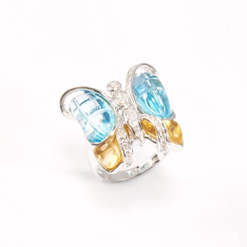 IRIS 18K White Gold Ring with Baby Blue Topaz, Citrine and Diamond